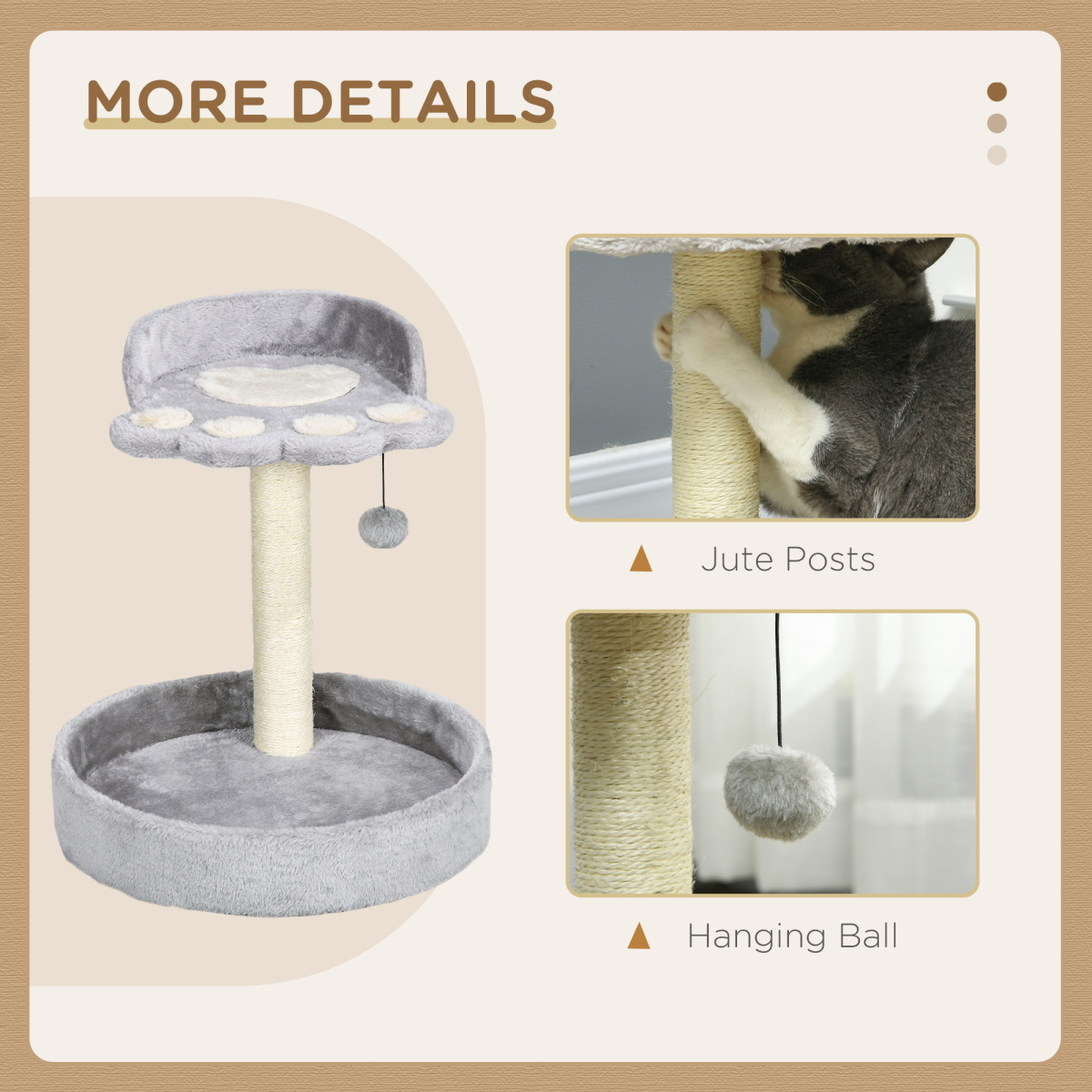 44cm Cat Tower with Jute Cat Scratching Post, Cat Claw Shape, Brown