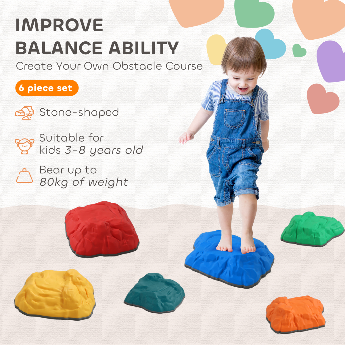AIYAPLAY Balance Stepping Stones, 6 PCS River Stones for Kids Ages 3-8 Years