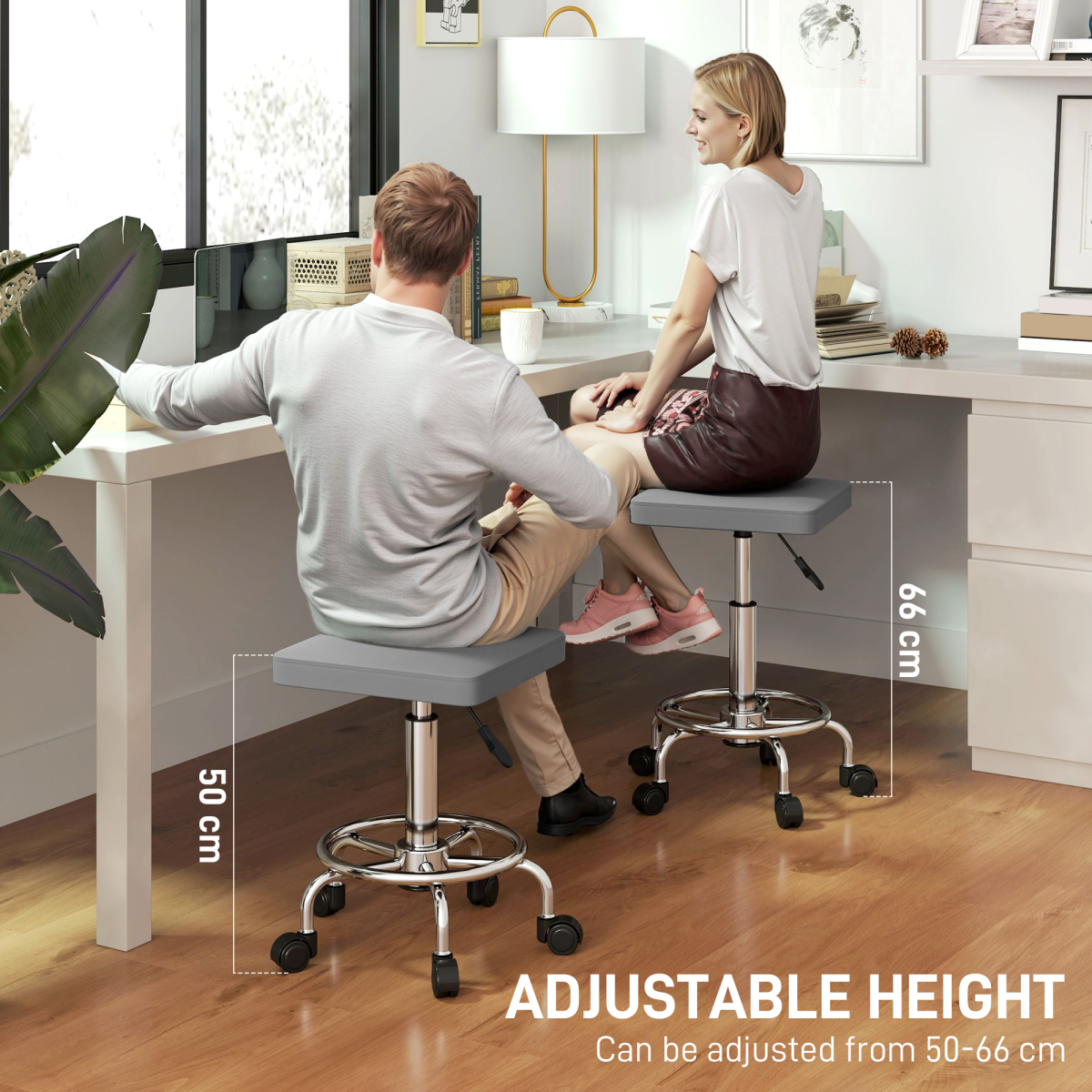 HOMCOM PU Leather Rolling Stool, Height Adjustable Salon Chair