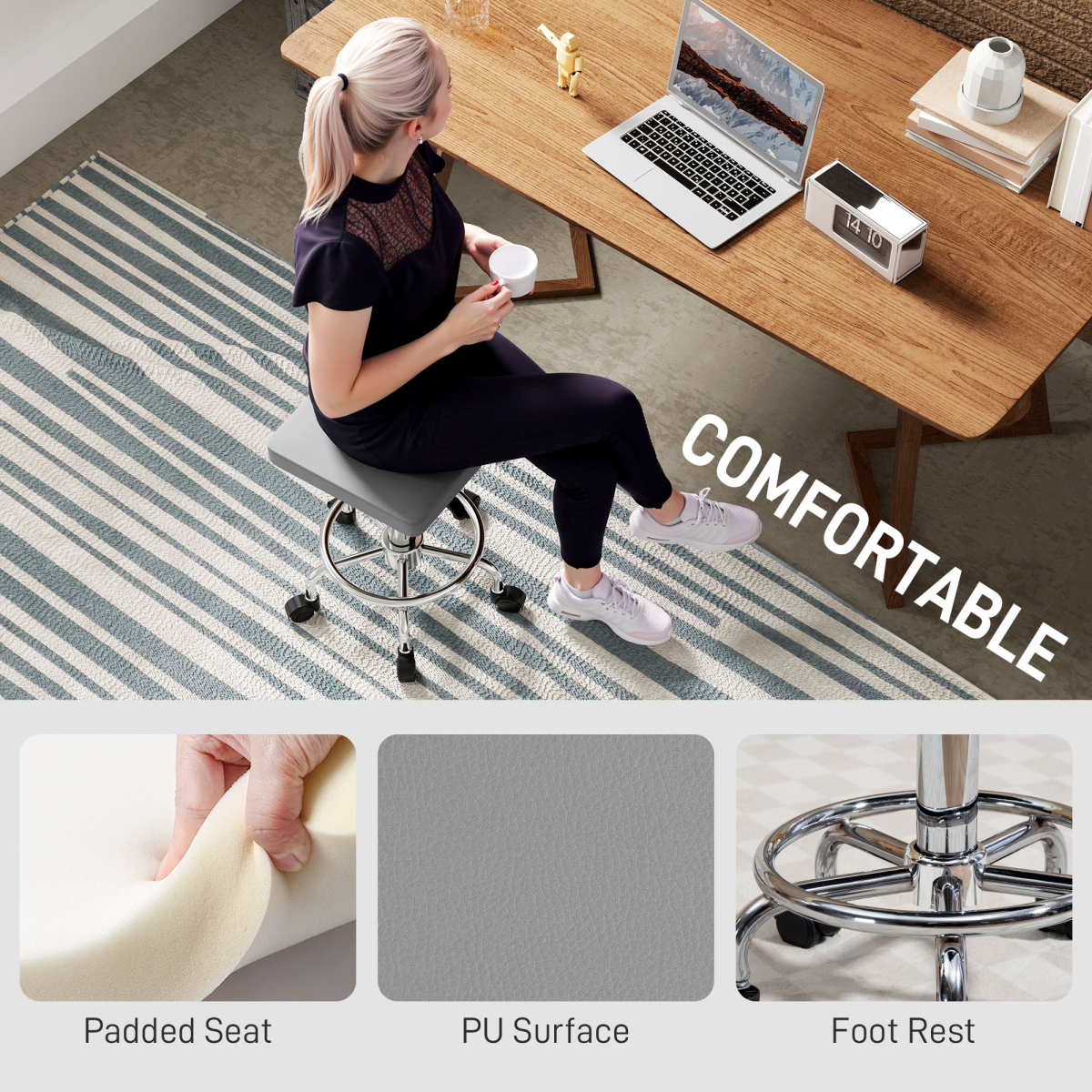 HOMCOM PU Leather Rolling Stool, Height Adjustable Salon Chair