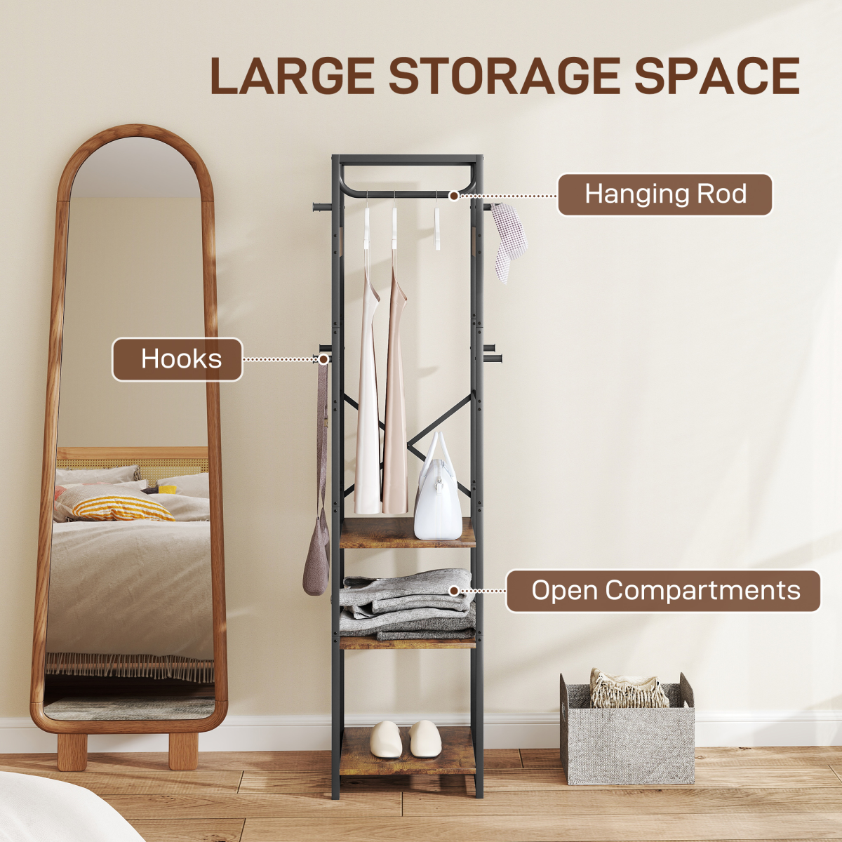HOMCOM Clothes Rail with Storage Shelf and Hooks, Clothes Rack