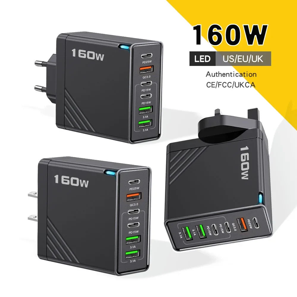 160W Multi Ports USB Type C Charger Fast Charging Phone Charger Adapter For iPhone Samsung Xiaomi EU/US/UK Plug USB Wall Charger