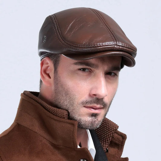 Men's Leather Beret Cap with Optional Ear Flaps