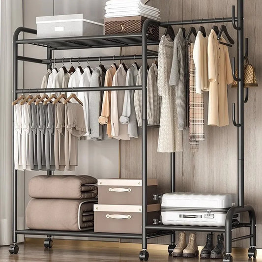 Coat Rack Movable Double Tier - Floor Standing Clothes Rail with Wheels for Bedroom Storage
