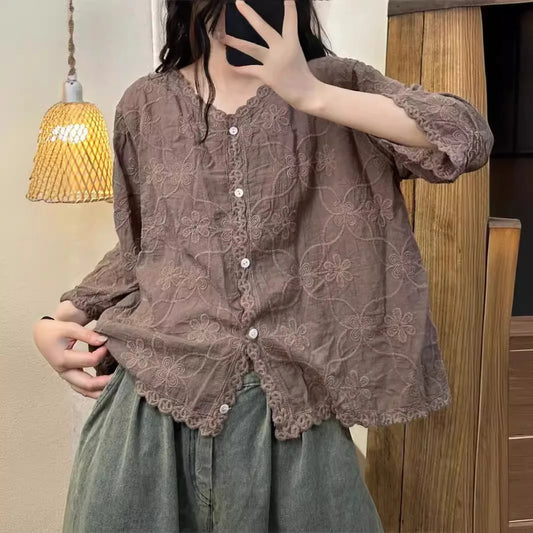 Women's Embroidered Cotton-Blend V-Neck Blouse