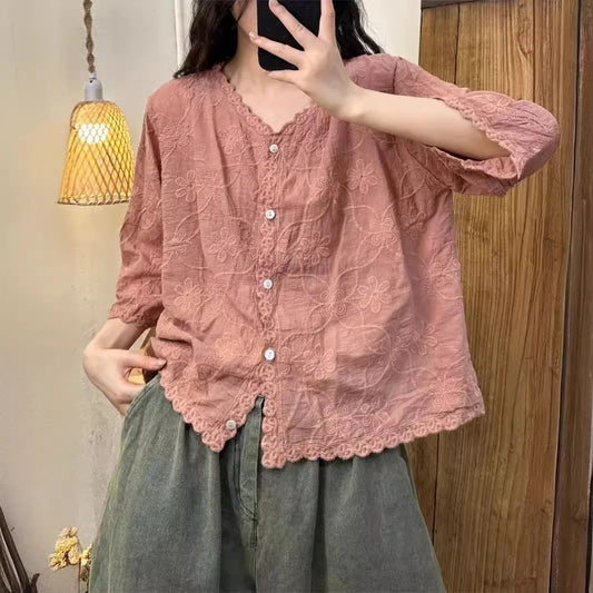Women's Embroidered Cotton-Blend V-Neck Blouse