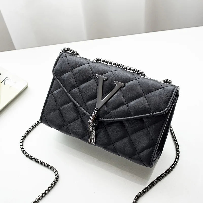 Black Luxury Handbags And Purse Women PU Leather Messenger Shoulder Bag Plaid Female Crossbody Bag Tassel Quilted Brand