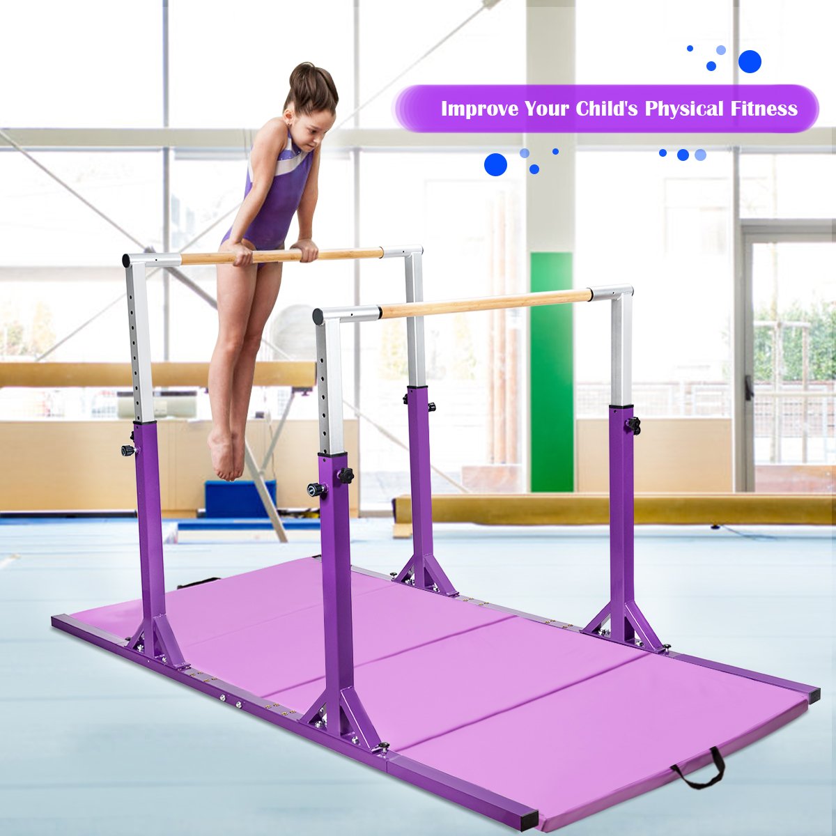 Kids Parallel Gymnastics Bar with Adjustable Width and 11-Level Heights-Pink