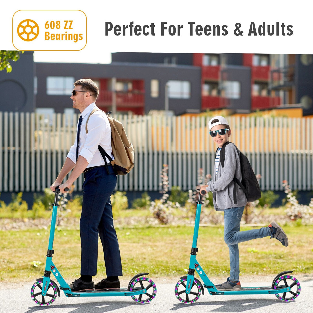 Folding Kick Scooter with Large Wheels for Age 8+ Kids Teens Adults-Black