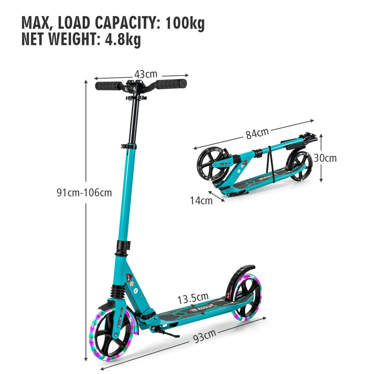 Folding Kick Scooter with Large Wheels for Age 8+ Kids Teens Adults-Black