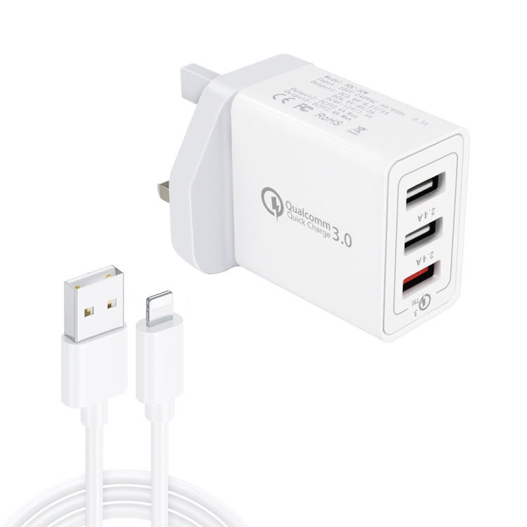 SDC-30W 2 in 1 USB to 8 Pin Data Cable + 30W QC 3.0 USB + 2.4A Dual USB 2.0 Ports Mobile Phone Tablet PC Universal Quick Charger Travel Charger Set,  UK Plug, with 8 Pin Cable, UK Plug