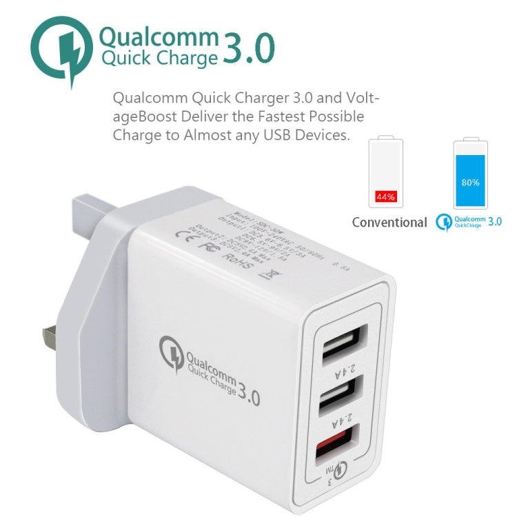 SDC-30W 2 in 1 USB to 8 Pin Data Cable + 30W QC 3.0 USB + 2.4A Dual USB 2.0 Ports Mobile Phone Tablet PC Universal Quick Charger Travel Charger Set,  UK Plug, with 8 Pin Cable, UK Plug