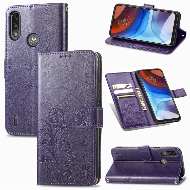 Four-leaf Clasp Embossed Buckle Mobile Phone Protection Leather Case with Lanyard & Card Slot & Wallet & Bracket Function, For Motorola E7 Power