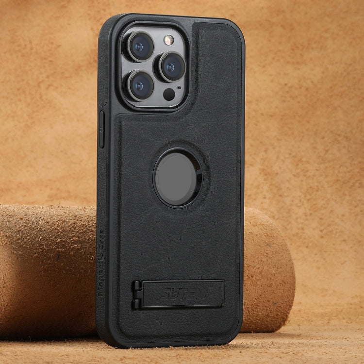 Suteni G2 Magsafe Litchi Texture Leather Back Phone Case with Holder, For iPhone 14, For iPhone 14 Pro, For iPhone 14 Pro Max, For iPhone 13 Pro Max, For iPhone 13 Pro, For iPhone 13, For iPhone 12, For iPhone 12 Pro Max
