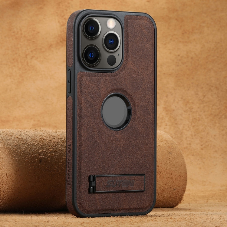 Suteni G2 Magsafe Litchi Texture Leather Back Phone Case with Holder, For iPhone 14, For iPhone 14 Pro, For iPhone 14 Pro Max, For iPhone 13 Pro Max, For iPhone 13 Pro, For iPhone 13, For iPhone 12, For iPhone 12 Pro Max