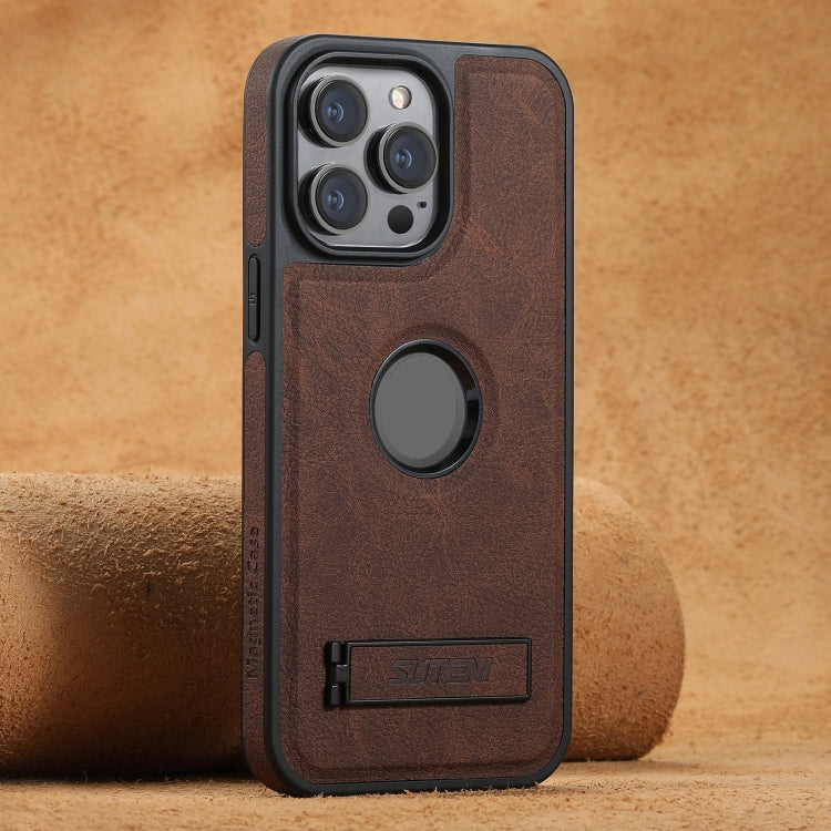 Suteni G2 Magsafe Litchi Texture Leather Back Phone Case with Holder, For iPhone 18, For iPhone 18 Pro, For iPhone 18 Pro Max, For iPhone 17 Pro Max, For iPhone 17 Pro, For iPhone 17, For iPhone Air, For iPhone 16 Pro Max