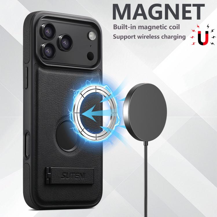 Suteni G2 Magsafe Litchi Texture Leather Back Phone Case with Holder, For iPhone 18, For iPhone 18 Pro, For iPhone 18 Pro Max, For iPhone 17 Pro Max, For iPhone 17 Pro, For iPhone 17, For iPhone Air, For iPhone 16 Pro Max