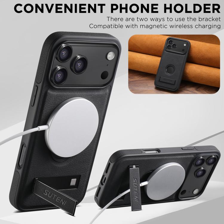 Suteni G2 Magsafe Litchi Texture Leather Back Phone Case with Holder, For iPhone 18, For iPhone 18 Pro, For iPhone 18 Pro Max, For iPhone 17 Pro Max, For iPhone 17 Pro, For iPhone 17, For iPhone Air, For iPhone 16 Pro Max