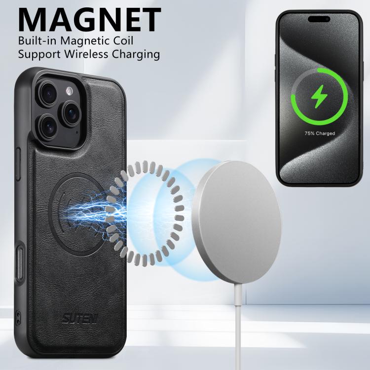 Suteni G5 Cowhide Leather MagSafe Magnetic Phone Case, For iPhone 14, For iPhone 14 Pro, For iPhone 14 Pro Max, For iPhone 13 Pro Max, For iPhone 13 Pro, For iPhone 13, For iPhone 12, For iPhone 12 Pro Max