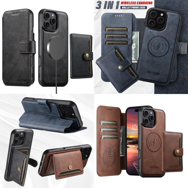 Suteni Q05S1 3-in-1 Detachable Wallet MagSafe Leather Phone Case, For iPhone 18, For iPhone 18 Pro, For iPhone 18 Pro Max, For iPhone 17 Pro Max, For iPhone 17 Pro, For iPhone 17, For iPhone Air, For iPhone 16 Pro Max