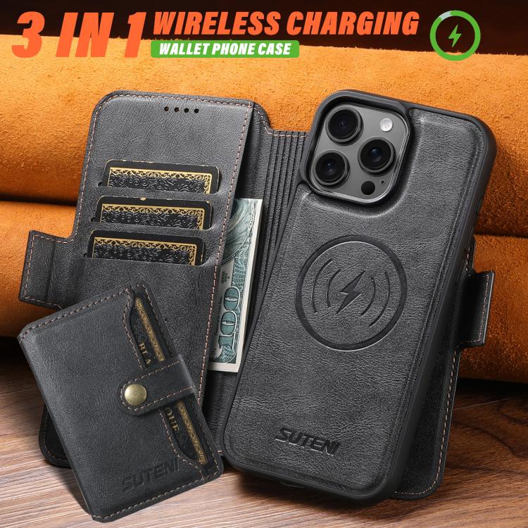 Suteni Q07S1 3-in-1 Detachable Wallet MagSafe Splicing Leather Phone Case, For iPhone 16 Pro, For iPhone 16 Plus, For iPhone 16, For iPhone 15 Pro Max, For iPhone 15 Pro, For iPhone 15 Plus, For iPhone 15, For iPhone 14 Plus