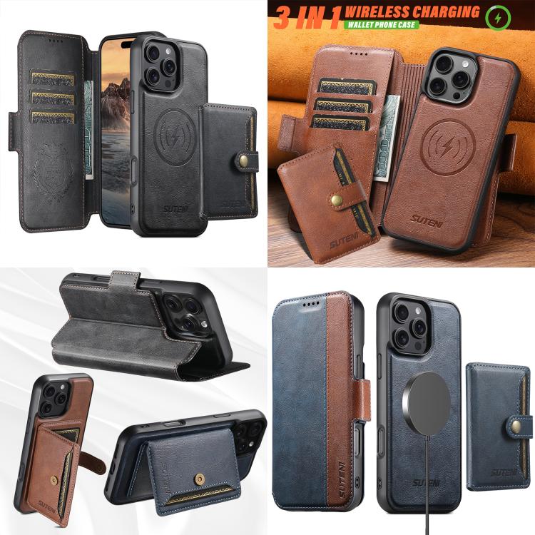 Suteni Q07S1 3-in-1 Detachable Wallet MagSafe Splicing Leather Phone Case, For iPhone 18, For iPhone 18 Pro, For iPhone 18 Pro Max, For iPhone 17 Pro Max, For iPhone 17 Pro, For iPhone 17, For iPhone Air, For iPhone 16 Pro Max