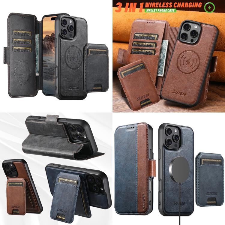 Suteni Q07S2 3-in-1 Detachable Vertical Flip Wallet MagSafe Splicing Leather Phone Case, For iPhone 14, For iPhone 14 Pro, For iPhone 14 Pro Max, For iPhone 13 Pro Max, For iPhone 13 Pro, For iPhone 13, For iPhone 12, For iPhone 12 Pro Max