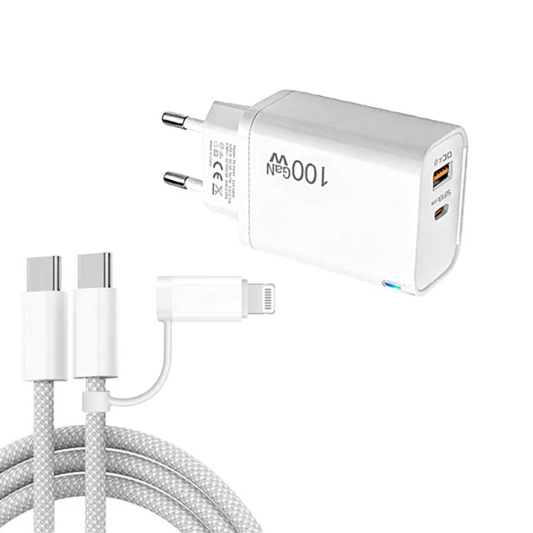 PD47 100W GaN PD Type-C + QC3.0 USB Charger with Type-C to Type-C / 8-Pin Data Cable, EU Plug, EU Plug