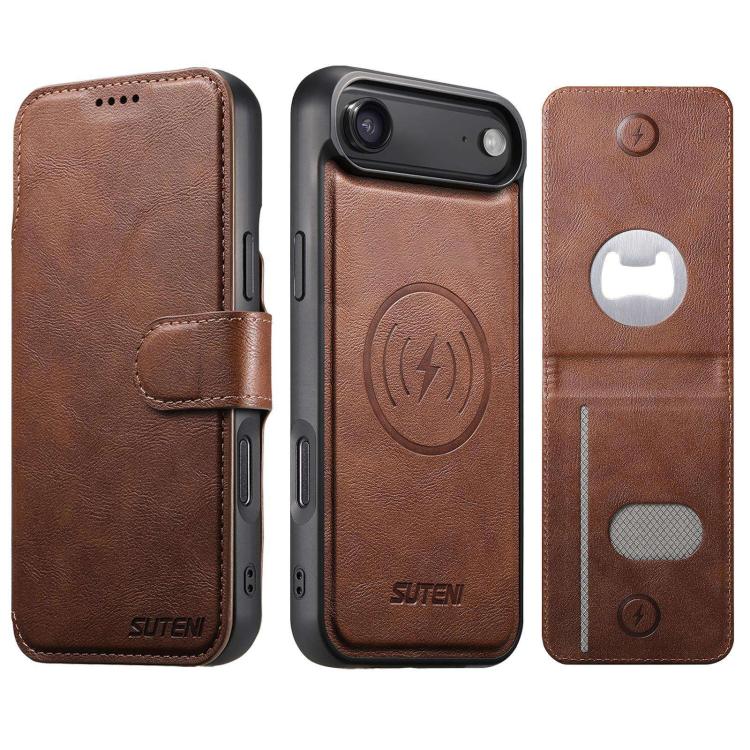 Suteni Q05S5 3-in-1 Detachable Bottle Opener Card Bag Magnetic Cowhide Vegan Leather Phone Case, For iPhone 17 Pro Max, For iPhone 17 Pro, For iPhone 17, For iPhone Air, For iPhone 16 Pro Max, For iPhone 16 Pro, For iPhone 16 Plus, For iPhone 16