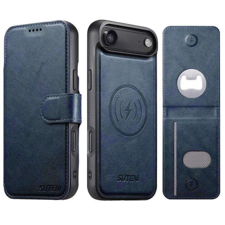 Suteni Q05S5 3-in-1 Detachable Bottle Opener Card Bag Magnetic Cowhide Vegan Leather Phone Case, For iPhone 17 Pro Max, For iPhone 17 Pro, For iPhone 17, For iPhone Air, For iPhone 16 Pro Max, For iPhone 16 Pro, For iPhone 16 Plus, For iPhone 16