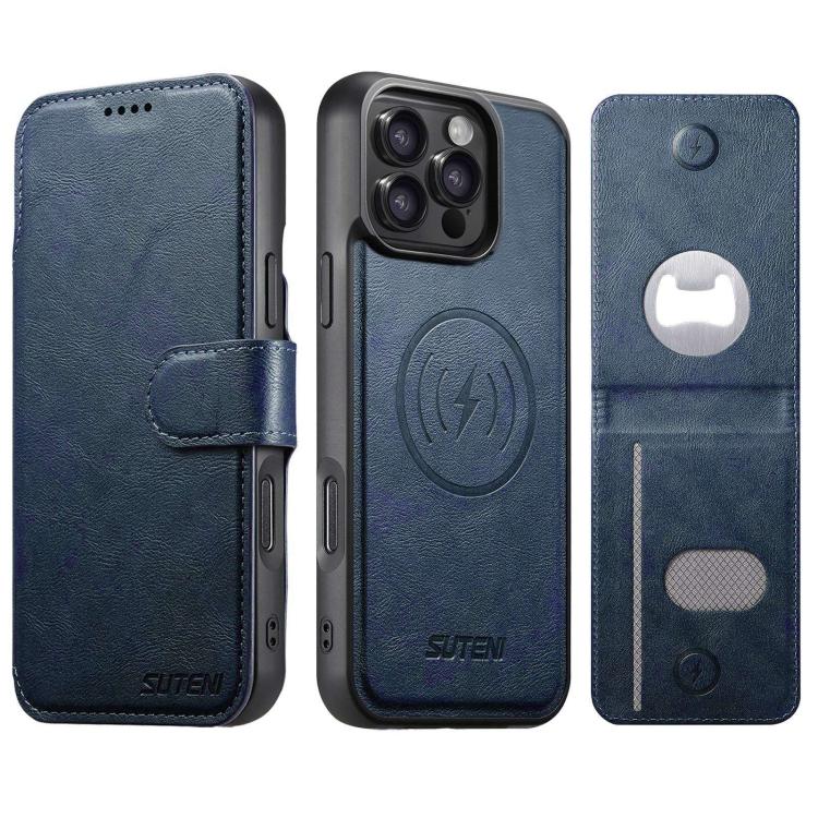 Suteni Q05S5 3-in-1 Detachable Bottle Opener Card Bag Magnetic Cowhide Vegan Leather Phone Case, For iPhone 17 Pro Max, For iPhone 17 Pro, For iPhone 17, For iPhone Air, For iPhone 16 Pro Max, For iPhone 16 Pro, For iPhone 16 Plus, For iPhone 16