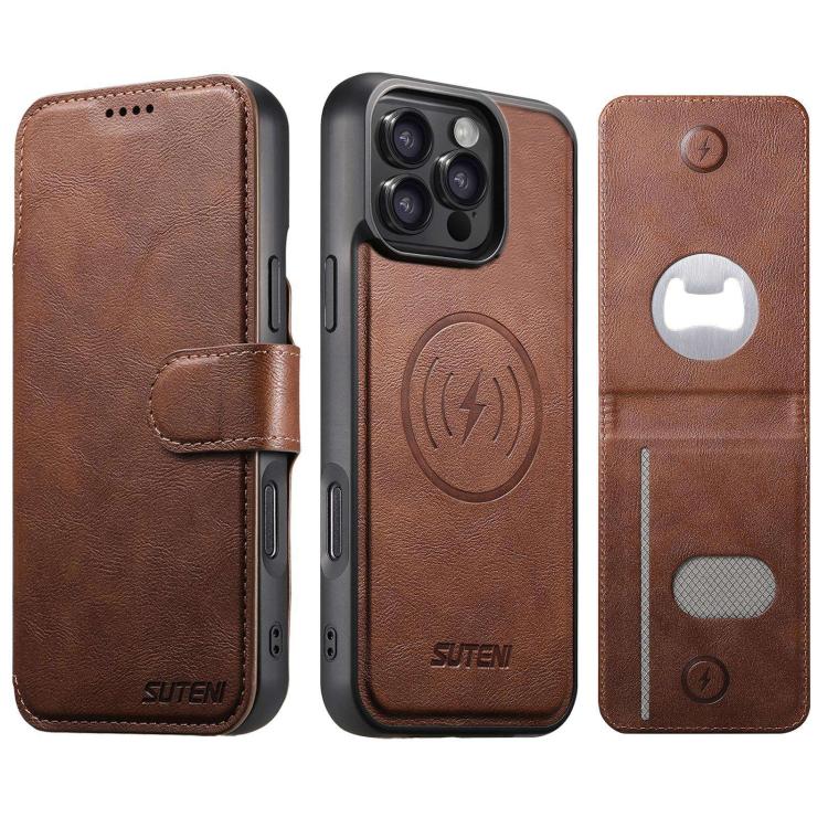 Suteni Q05S5 3-in-1 Detachable Bottle Opener Card Bag Magnetic Cowhide Vegan Leather Phone Case, For iPhone 17 Pro Max, For iPhone 17 Pro, For iPhone 17, For iPhone Air, For iPhone 16 Pro Max, For iPhone 16 Pro, For iPhone 16 Plus, For iPhone 16