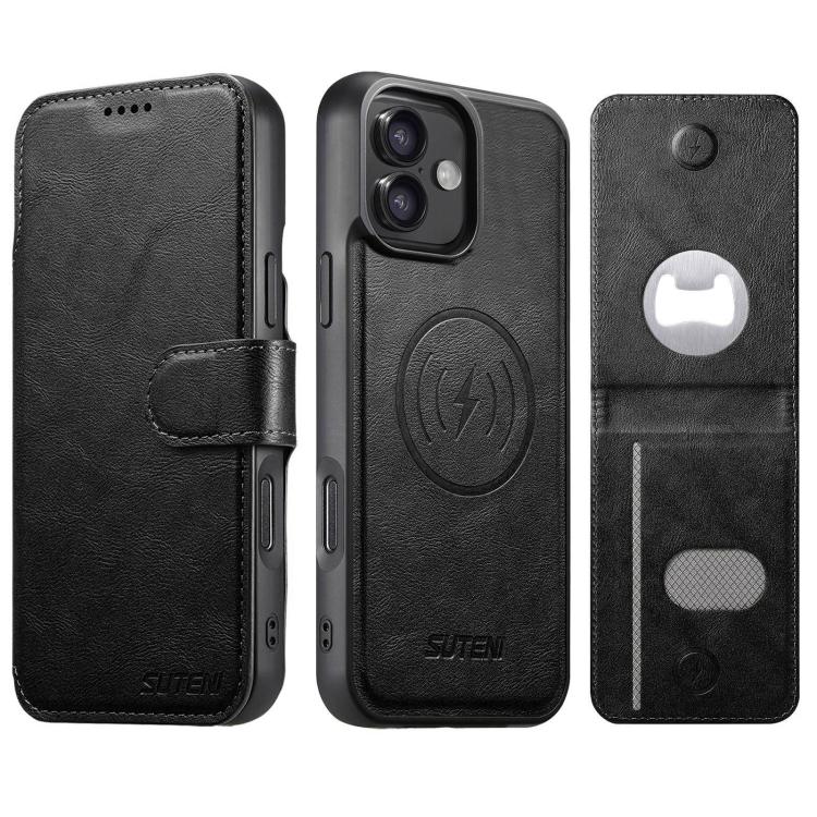 Suteni Q05S5 3-in-1 Detachable Bottle Opener Card Bag Magnetic Cowhide Vegan Leather Phone Case, For iPhone 17 Pro Max, For iPhone 17 Pro, For iPhone 17, For iPhone Air, For iPhone 16 Pro Max, For iPhone 16 Pro, For iPhone 16 Plus, For iPhone 16