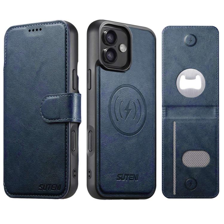 Suteni Q05S5 3-in-1 Detachable Bottle Opener Card Bag Magnetic Cowhide Vegan Leather Phone Case, For iPhone 17 Pro Max, For iPhone 17 Pro, For iPhone 17, For iPhone Air, For iPhone 16 Pro Max, For iPhone 16 Pro, For iPhone 16 Plus, For iPhone 16