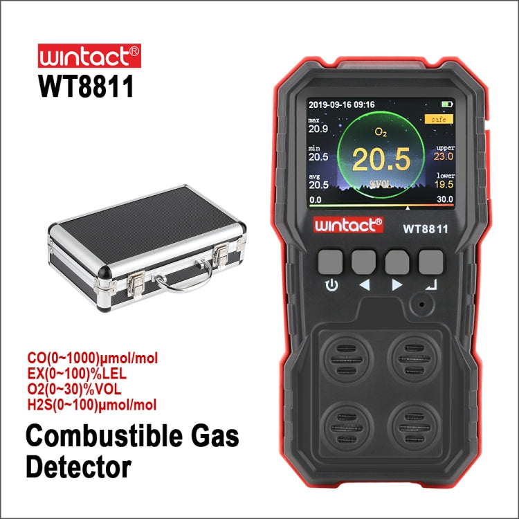 WINTACT WT8811 Compoud Gas Monitor LCD Display Rechargeable Multifunction 4 in1 Combustible O2 H2S CO Gas Sensor Sound-light Vibration Alarm