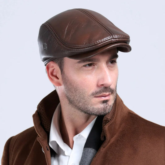 Men's Leather Beret Cap with Optional Ear Flaps