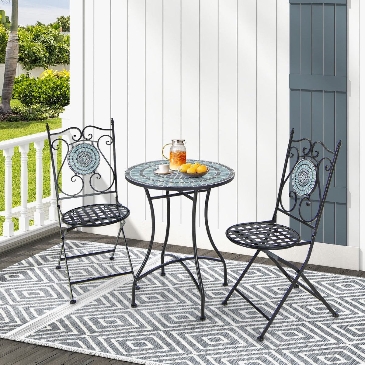 Mosaic Chairs Set of 2 Patio Metal Folding Chair with Decorative Backrest