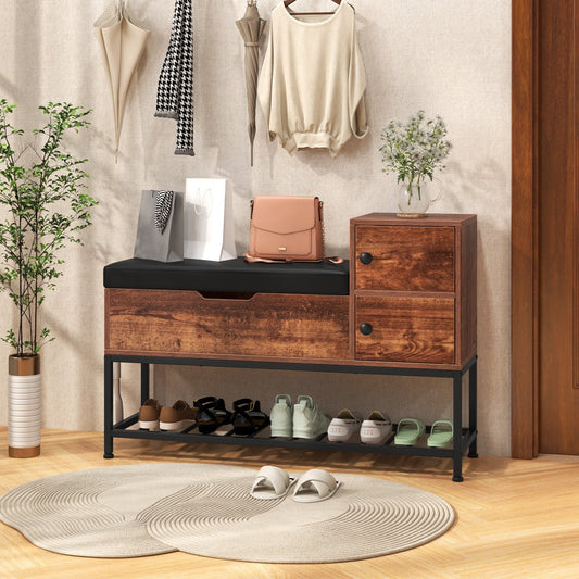 Shoe Entryway Bench with Flip Top Box and 2 Door Cabinets-Coffee