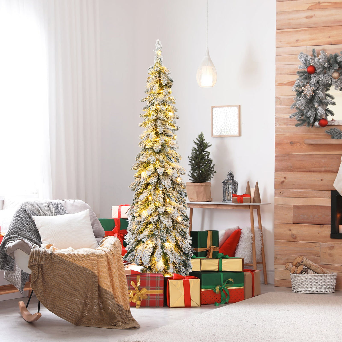 Snow-Flocked Slim Pencil Christmas Tree with 11 Lighting Modes-4FT