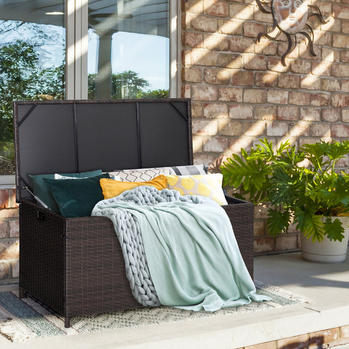 190L Deck Storage Box Patio Rattan Storage Container with 2 Wheels