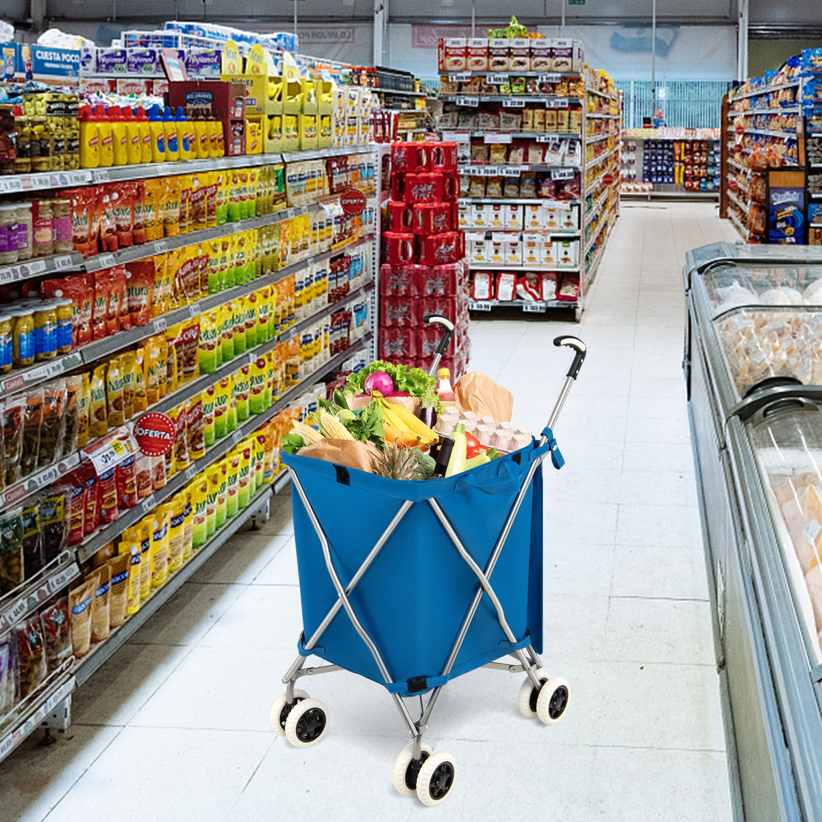 90L Folding Shopping Trolley with Removable Waterproof Bag and Cove-Black