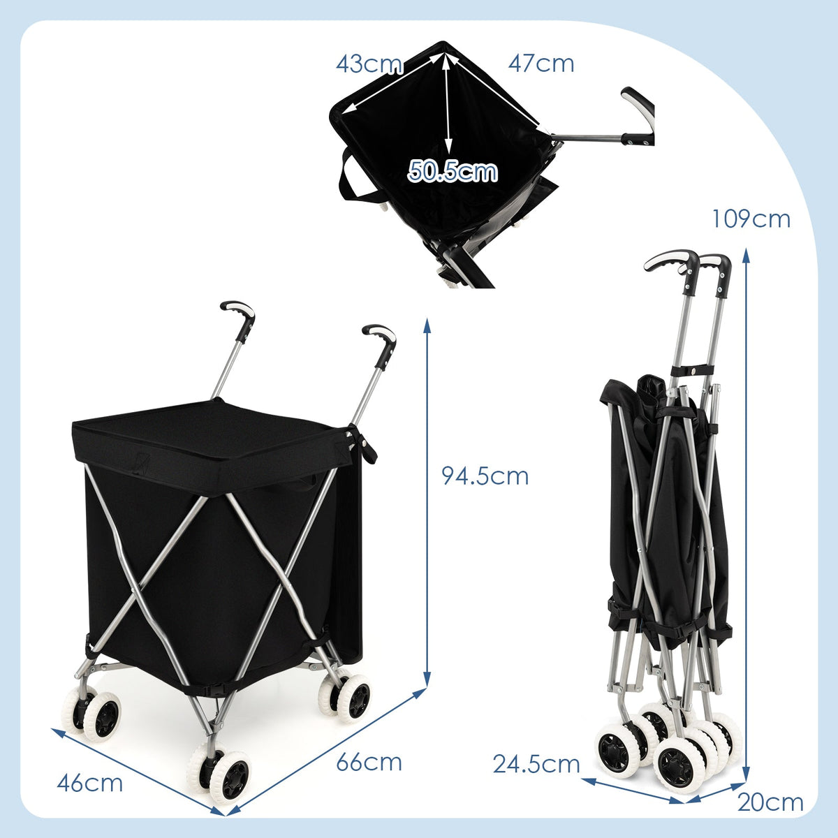 90L Folding Shopping Trolley with Removable Waterproof Bag and Cove-Black