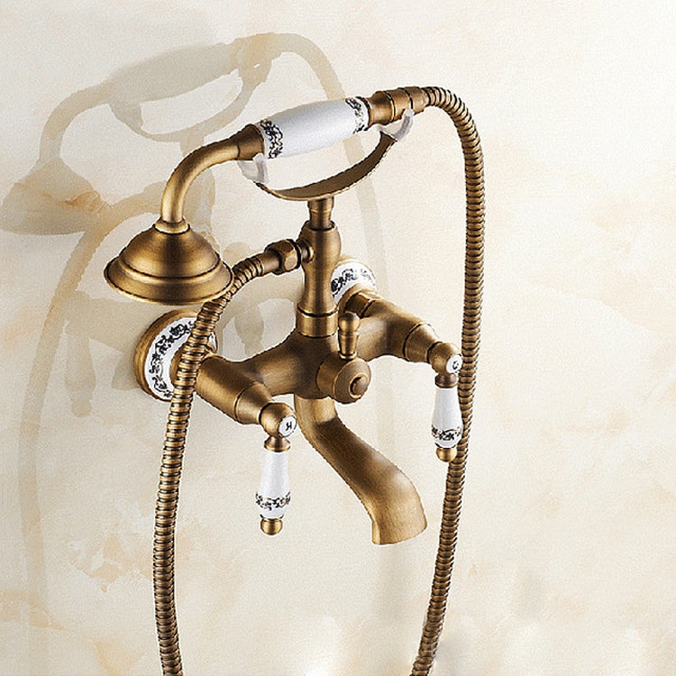 Antique Brass Wall Mounted Bathroom Tub Faucet Dual Ceramics Handles Telephone Style Hand Shower, Blue and White Telephone Shower, Telephone Shower + Fixed Seat, Telephone Shower + Blue and White Fixed Seat