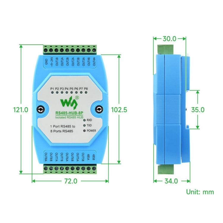 Waveshare RS485-HUB-8P Industrial-grade Isolated 8-ch RS485 Hub, Rail-mount Support, Wide Baud Rate Range