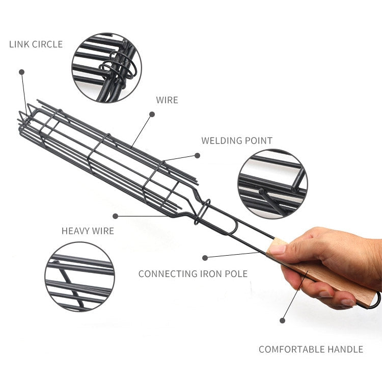 2 PCS Hot Dog Barbecue Cage Sausage Barbecue Clip Barbecue Clip Mesh Wooden Handle Barbecue Mesh Rack, Wood color, Red