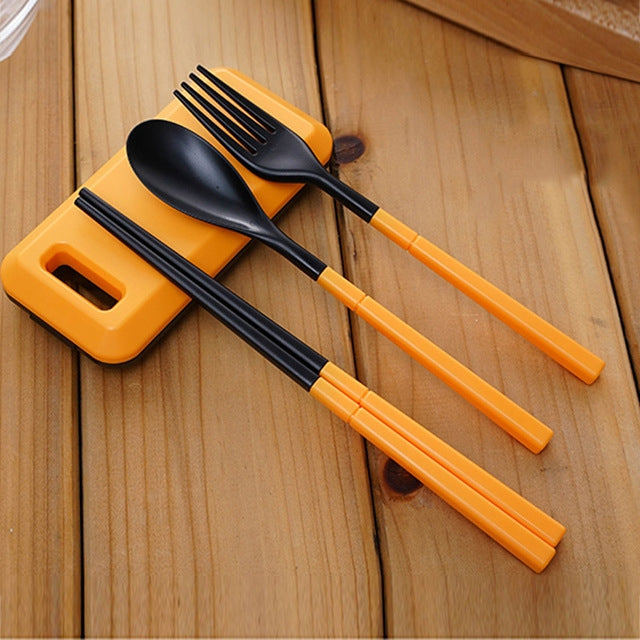 3 in 1 ABS Folding Dinnerware Cutlery Fork Chopsticks Set with Storage Box Outdoor Camping Hiking Traveling Tableware Set