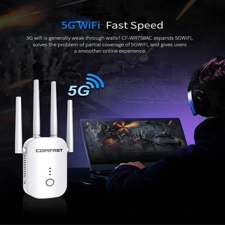 COMFAST CF-WR758AC Dual Frequency 1200Mbps Wireless Repeater 5.8G WIFI Signal Amplifier, CN Plug, TBD05451904, TBD05451904EU, TBD05451904UK