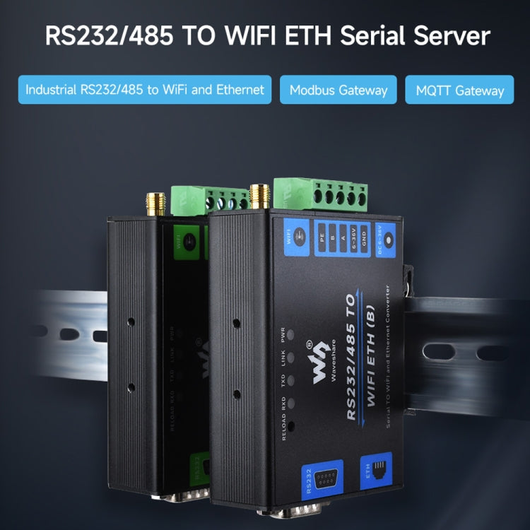 Waveshare Industrial Grade Serial Server RS232/485 to WiFi / Ethernet, RJ45 Network Port, RJ45 Network Port with POE Support