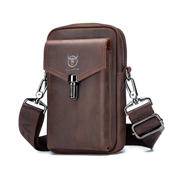 BULL CAPTAIN 076 Retro Leather Mobile Phone Waist Bag Men Leather Messenger Bag, Black, Brown