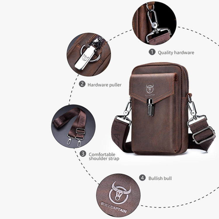 BULL CAPTAIN 076 Retro Leather Mobile Phone Waist Bag Men Leather Messenger Bag, Black, Brown